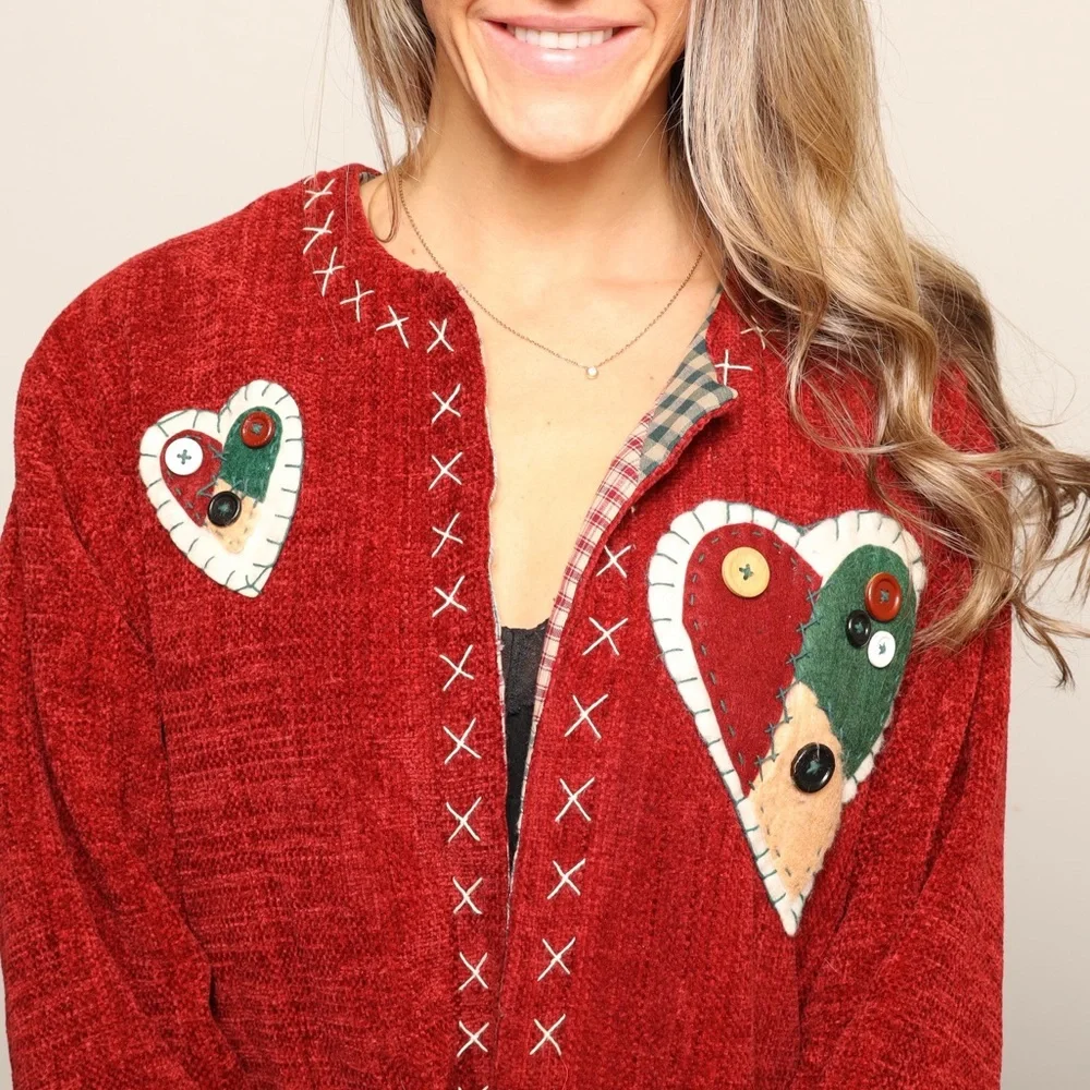 FOR BROOKE! VTGRed Patchwork Open Front Coat with Heart Accents and Deep Pockets - Picture 3 of 6